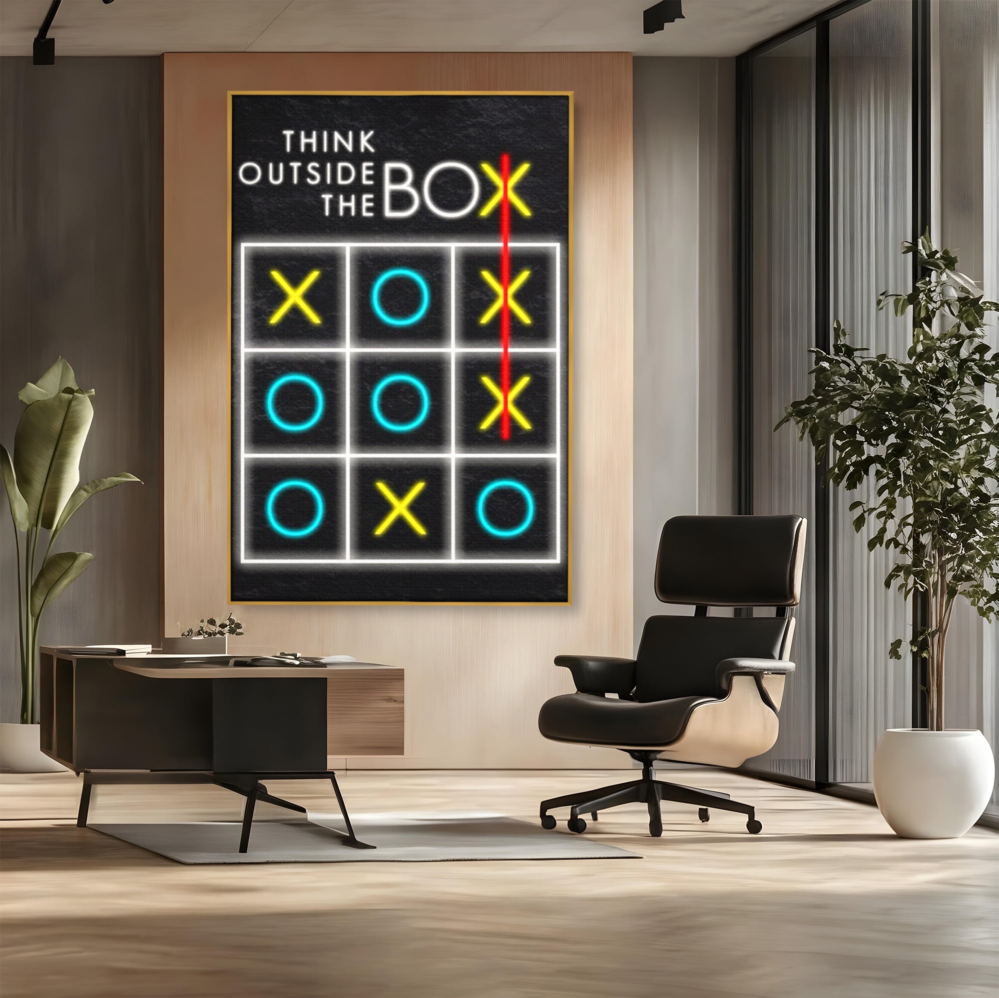 Tablou canvas cu tablou canvas cu joc de tictactoe si text, in rama de aluminiu auriu, pe perete intr-un birou